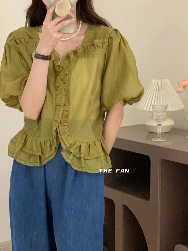 [the fan] Korean style fungus side bubble sleeve shirt 508058# zxx