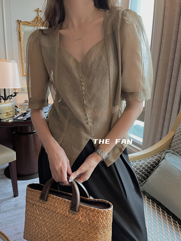 [the fan] fresh and simple square neck button up design shirt 50980 \zxx