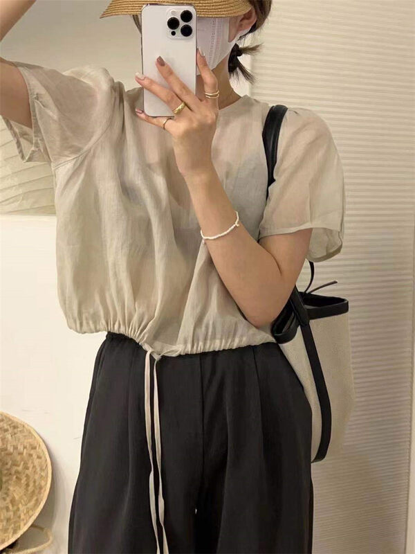 [larti] bubble sleeve round neck comfortable blouse 8696# ll