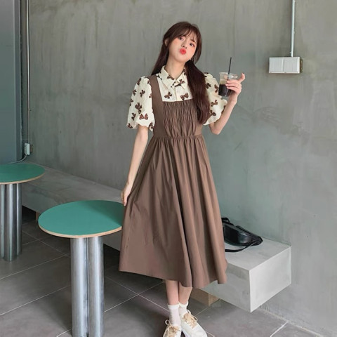 Chic small skirt summer fake two small over the knee long skirt polo collar bubble sleeve Mori Department gentle style dress