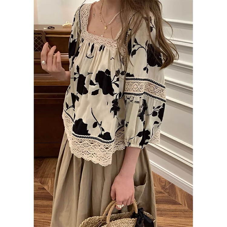 [the fan] French Vintage Square Neck Lace Blouse y507606# zxx
