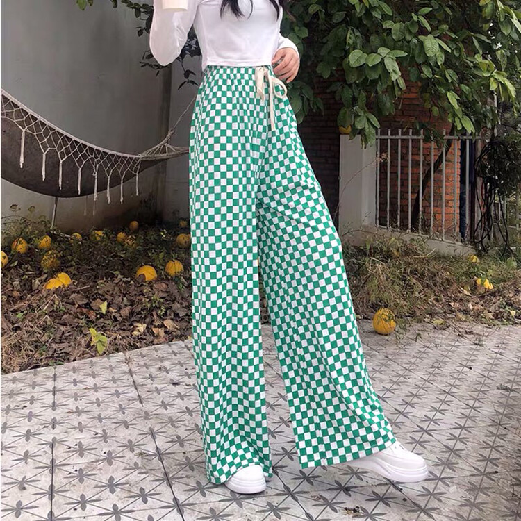 [three thousand gold] Korean loose Plaid lace up casual pants 1826-2# ll