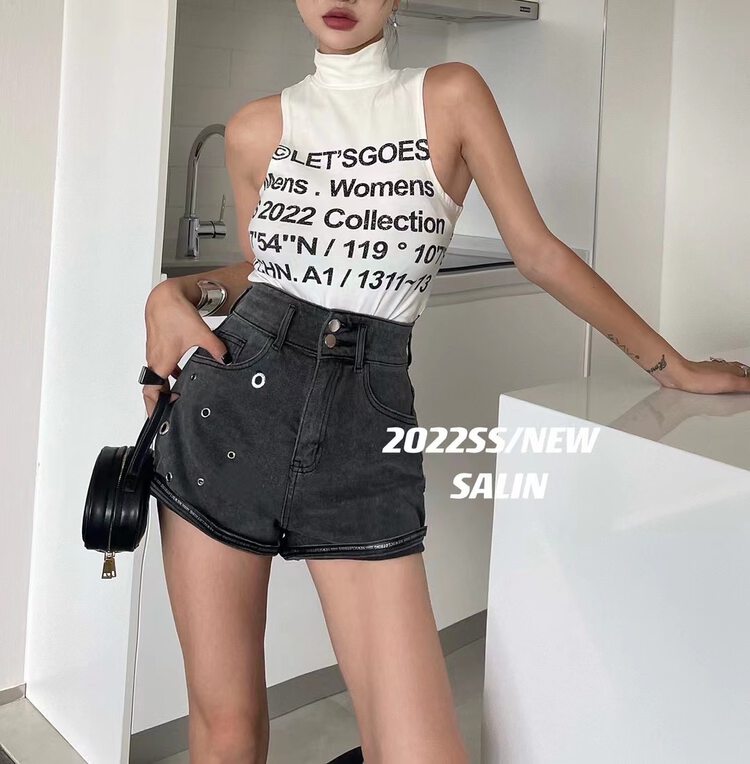 [Salin] double button fashion high waist denim shorts 6916# PCZ