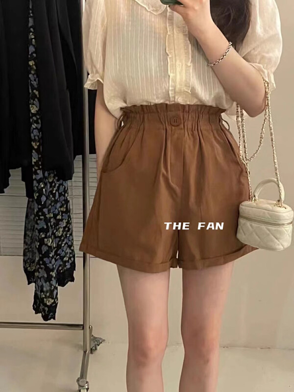 [the fan] retro versatile high waisted slim curled casual shorts y50629# zxx