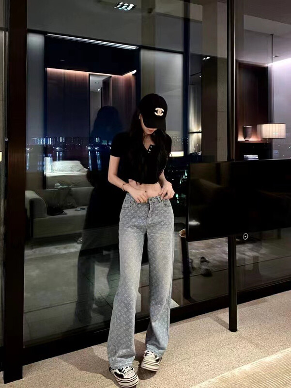 [O.S] printed medium waist straight jeans 608# ozq