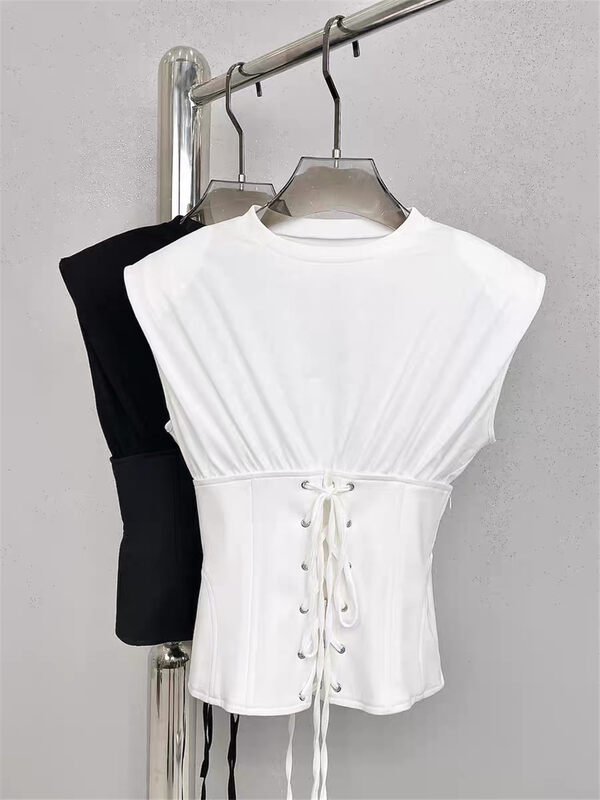 [66 clothing] casual simple bandage short shoulder pad shirt 5293# JJ