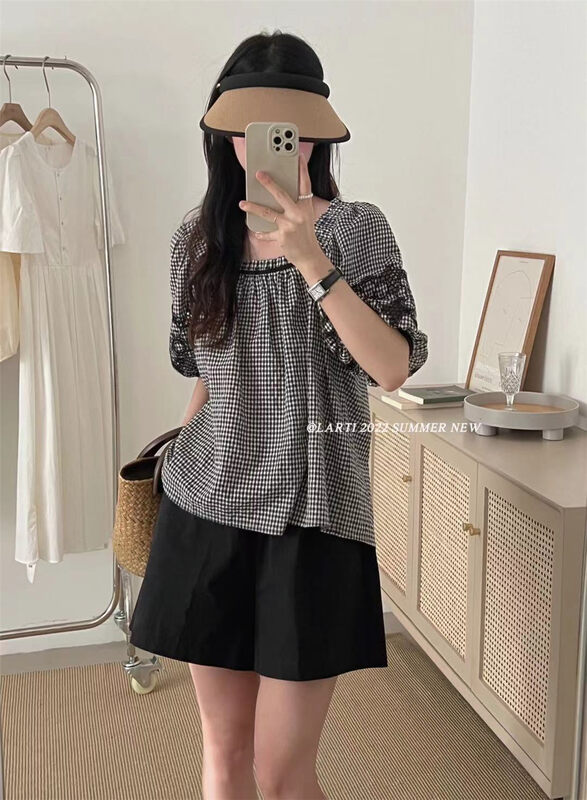 [larti] lady square neck temperament plaid shirt c8814\ll