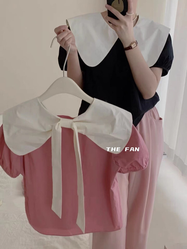[the fan] Korean style large lapel bowknot bubble sleeve shirt 506012 \zxx