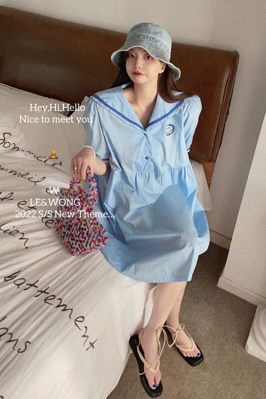 [le&wong] college teenage girl Navy collar dress Lapel dress 8982