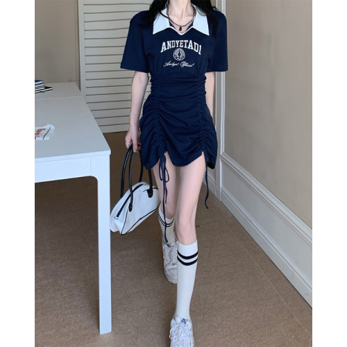 Polo collar American style college drawstring pleated knitted dress for women 2022 summer new style, covering the belly