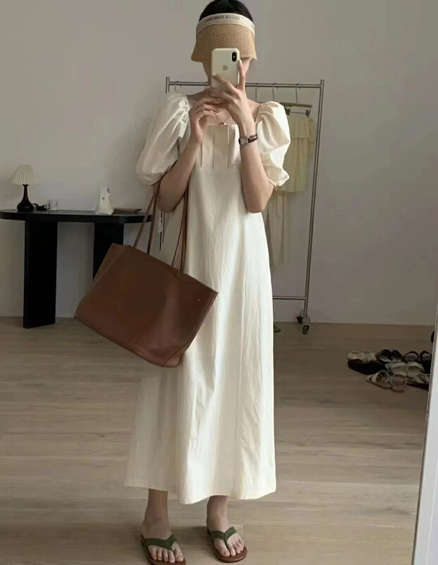 [larti] Korean style square neck off shoulder medium length dress lc8528# ll