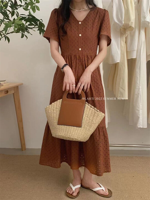 [larti] water soluble embroidered hollow out V-neck loose dress 88129 \ll