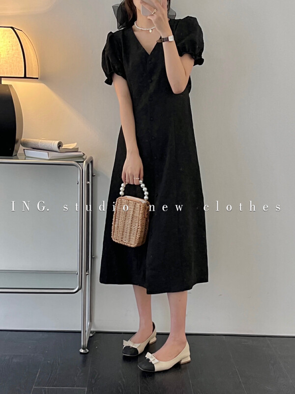 [ing] slim V-neck bag buckle waist Jacquard Dress ing-9117