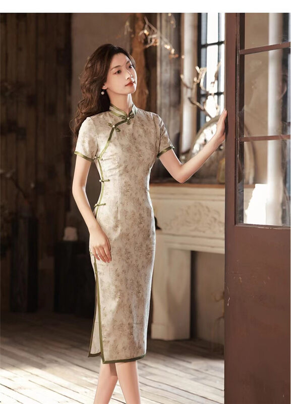[crystal home] bamboo leaf printed cheongsam short sleeved dress ys1-6941# PCZ