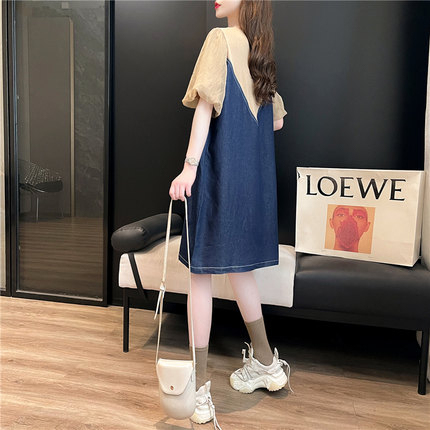 Fried street summer design, loose design, short sleeve women's splicing denim skirt, long style lazy top