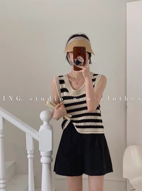 [ing] striped hollowed out knitted vest blouse sweater w3545# HBx
