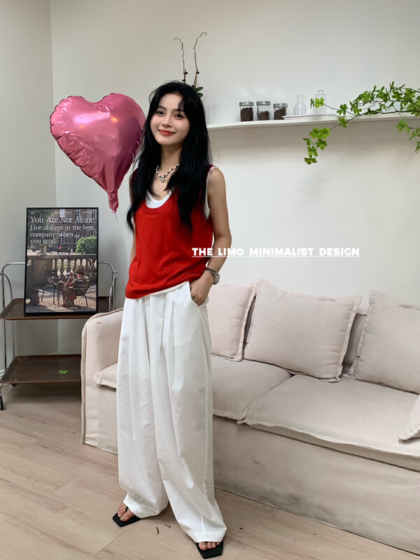 [the limo] elastic waist solid color versatile wide leg casual pants 6747# XYJ