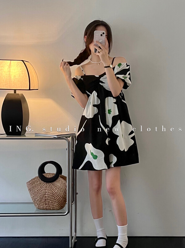 [ing] French scented tea printed high waist age reducing dress ing-7953