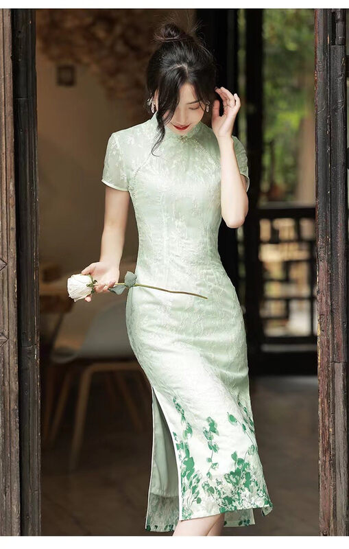 [crystal home] embroidery heavy industry pearl cheongsam dress 6945# PCZ