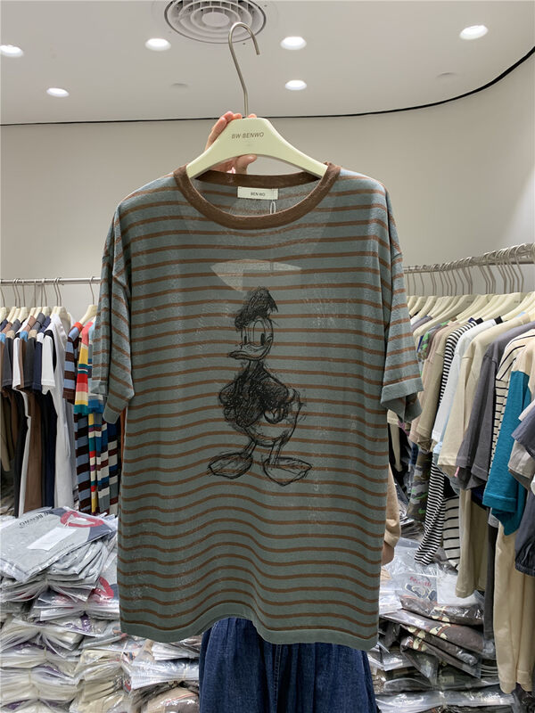 [benwo] Donald Duck print stripe versatile short sleeve T-shirt (T-shirt only) cm06179# CLS