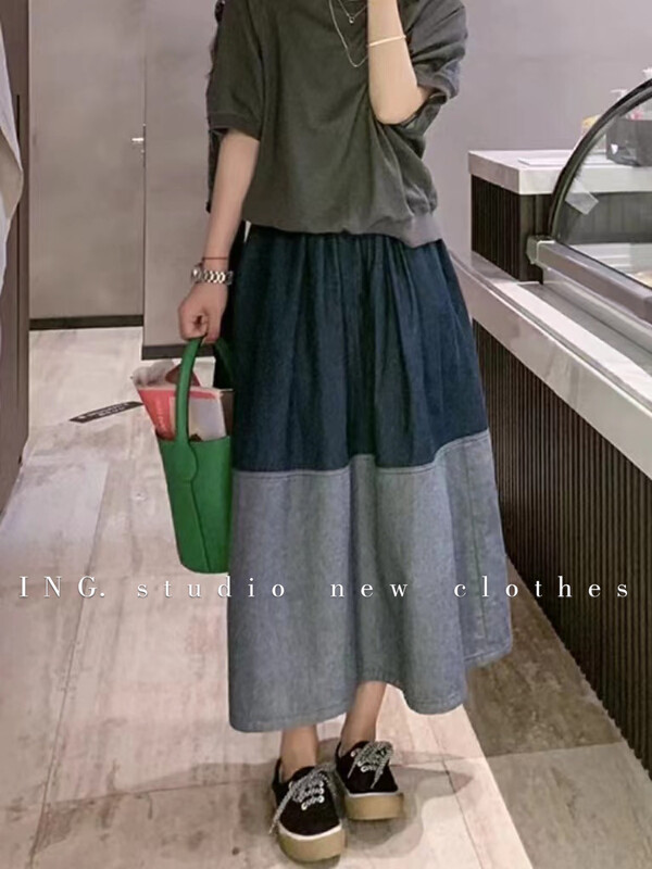 [ing] Vintage Blue patchwork denim high waist skirt ing-7972