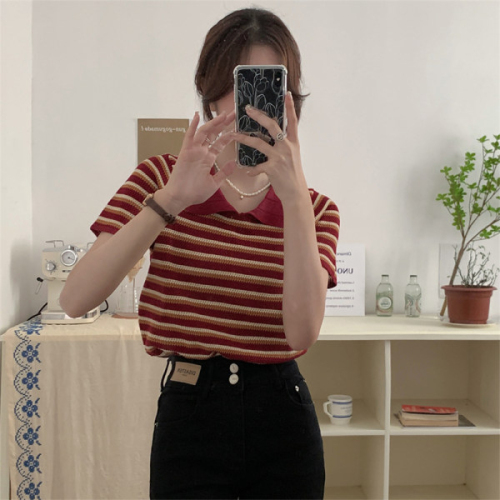 Polo neck stripe knitted T-shirt women's summer 2022 new thin loose retro Hong Kong Style slim short sleeve top