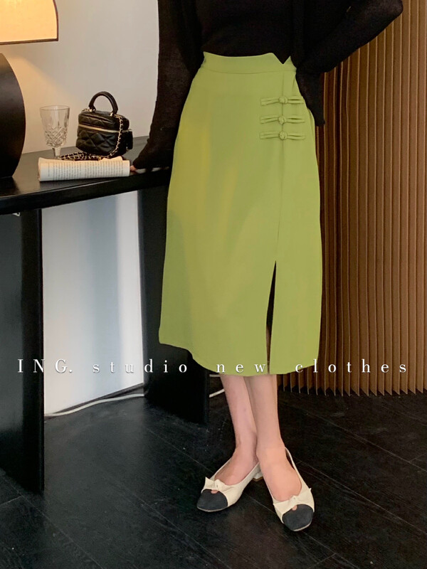 [ing] niche cross buttoned knee split skirt 7979# Fhx