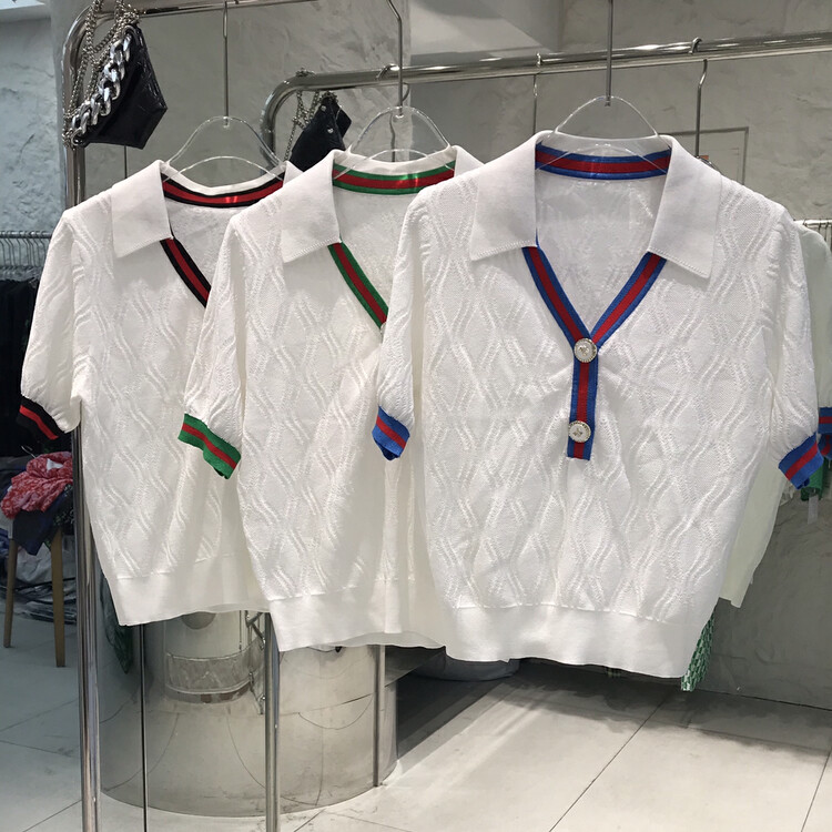 [o.shazidian] casual color contrast knitted short sleeve T-shirt 6058# CSX