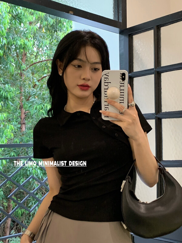 [the limo] casual simple oblique button Polo short sleeve T-shirt 6702# XYJ