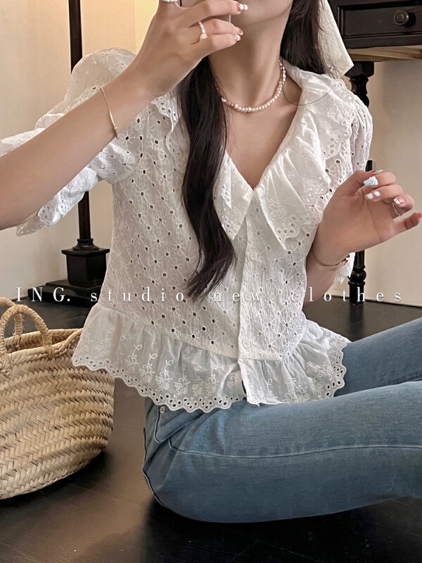 Original price 59.78! [ing] soft and versatile hollow lace embroidered blouse 9129