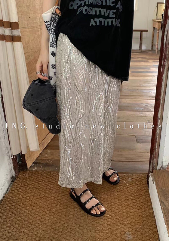 [ing] Korean version of fashionable Sequin Spice Girl split skirt ing-7966