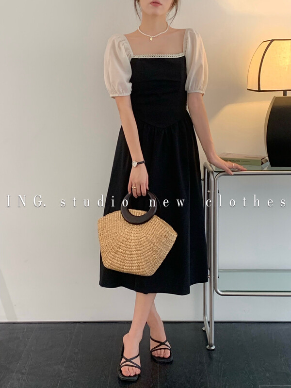 [ing] Vintage mesh sleeve patchwork dress 7946
