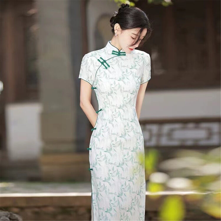 [crystal home] bamboo leaf printed cheongsam slit dress (without pendant) 6610# PCZ