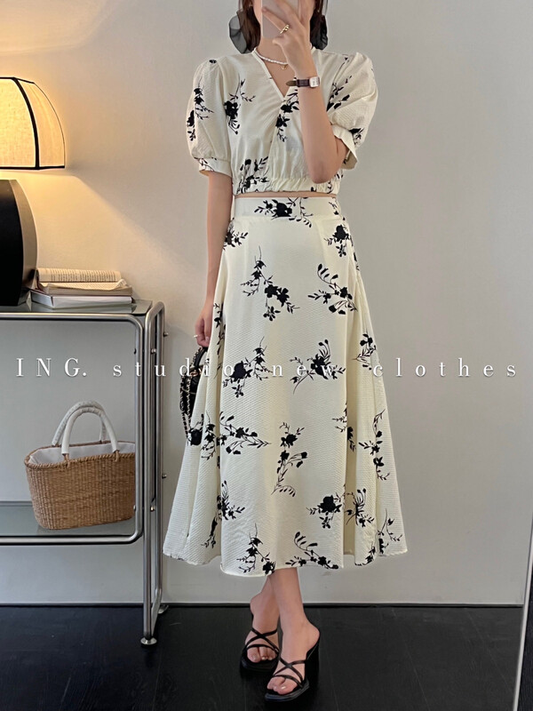 [ing] French temperament Decor printing retro suit short small shirt skirt ing-7889