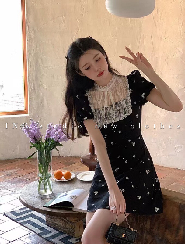 [ing] Vintage girl lace print dress short skirt small black skirt 9218