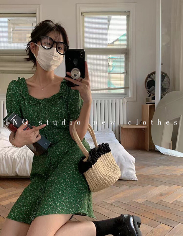 [ing] square collar fungus edge fresh floral dress 9192