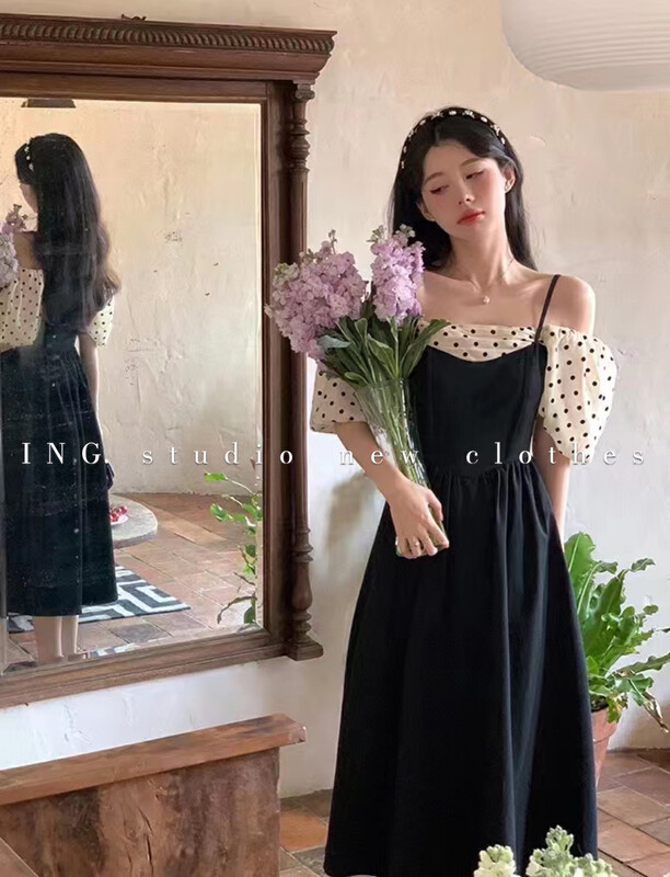 [ing] French retro Polka Dot one-piece collar dress 9201