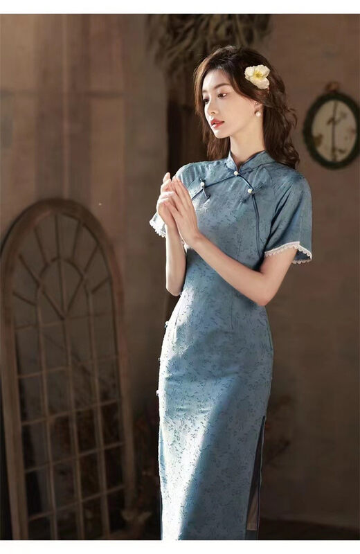 [crystal home] elegant buckle jacquard cheongsam dress 6950# PCZ
