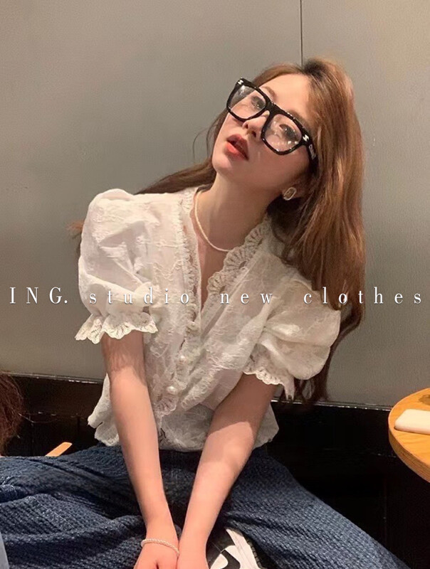 [ing] embroidered pearl buckle lace blouse 9115