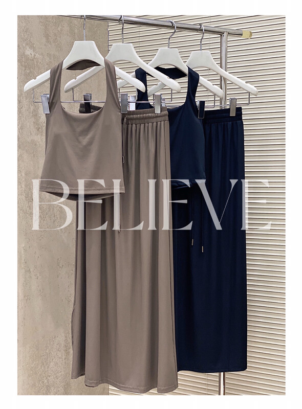 [believe] textured Halter Vest + loose solid color casual pants set ys2-bl8417# JJ