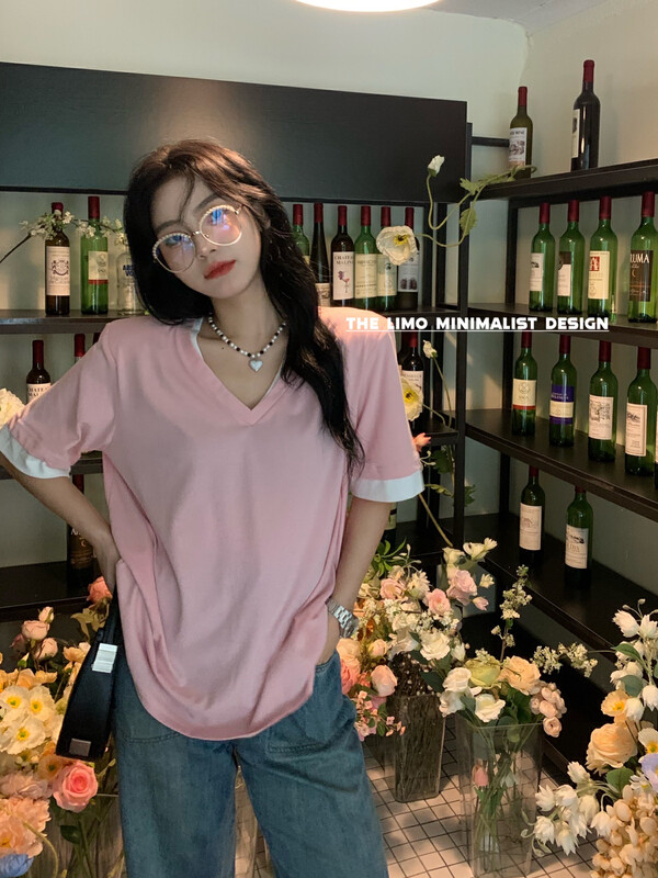 [the limo] V-neck cuffs contrast shoulder pad short sleeve T-shirt 6750# XYJ