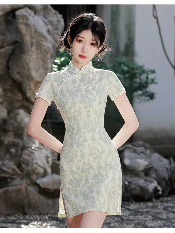 [crystal home] elegant lace cheongsam short dress 618-1# PCZ
