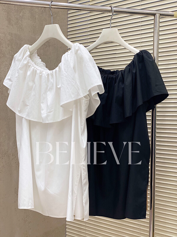 [believe] ruffled off shoulder thin shirt bl88546# JJ