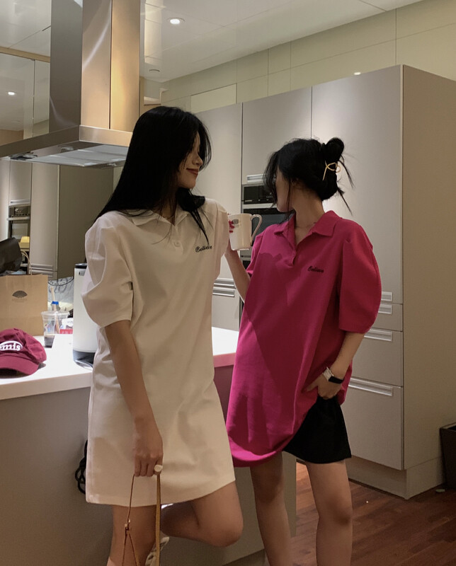 [11An] aging polo collar lettered dress a6763