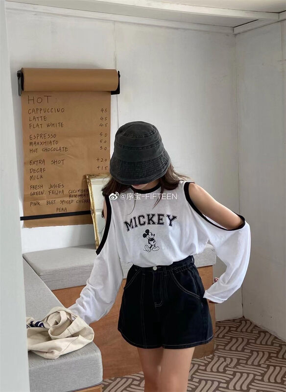 [new time /l&y home] Mickey fashion off shoulder long sleeve T-shirt 31948\xyy
