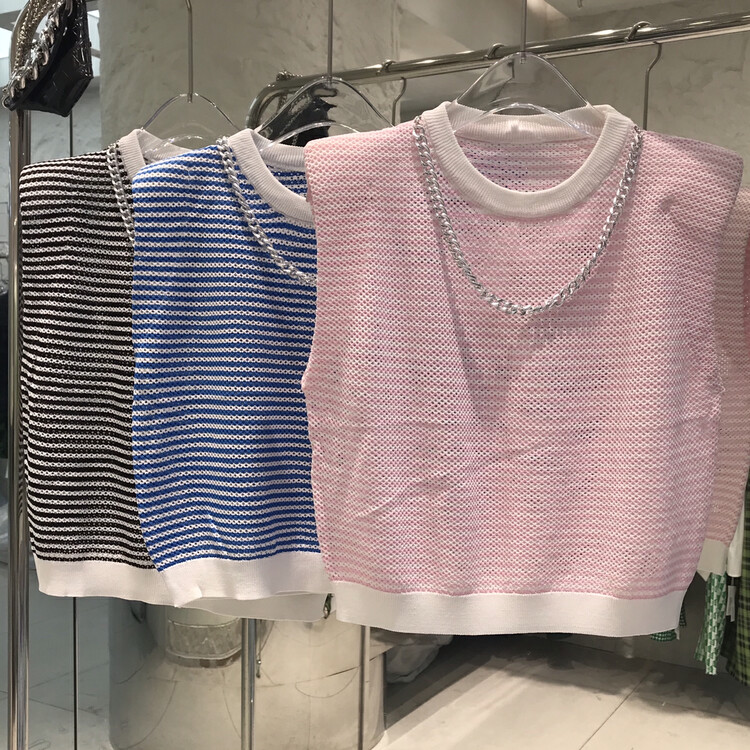 [o.shazidian] small fragrance sleeveless striped vest / sling (with chain) 6038\csx