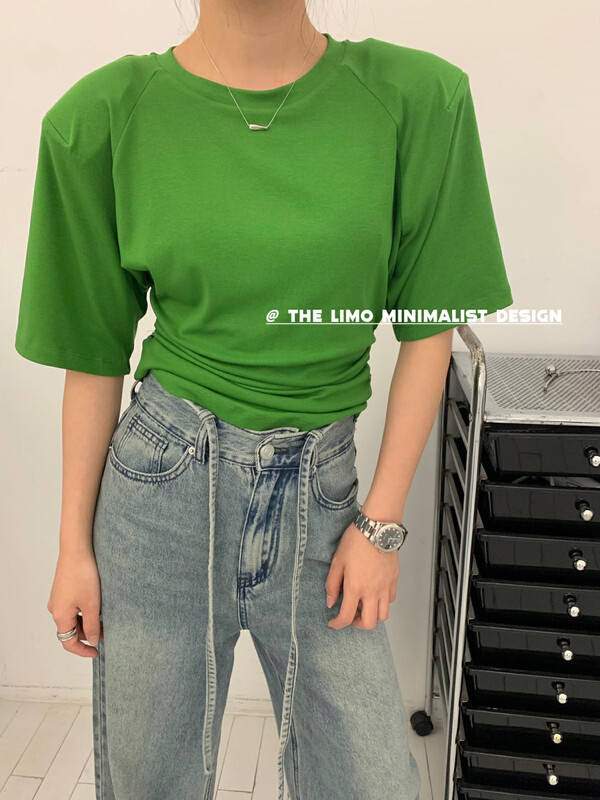 [the limo] simple waist closing design shoulder pad short sleeve T-shirt 6722# XYJ