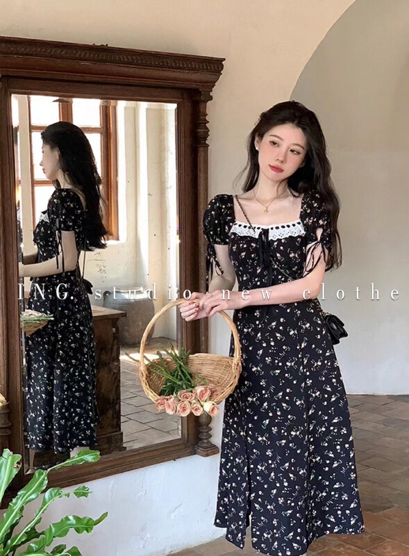 [ing] French square neck print waist slit dress ing-9111