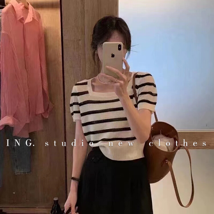 [ing] aging contrast striped knitted temperament shirt w3586