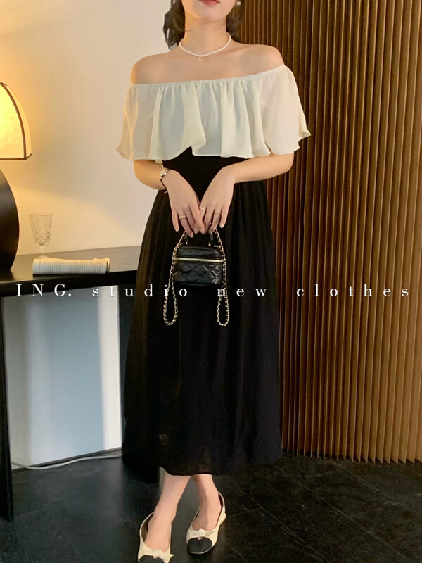 [ing] high quality Ruffle patchwork dress with off shoulder design ing--7989